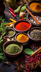  Colorful background of various herbs and spices for cooking in bowls, Spices - Seasonings, Food   India, Indian culture, Raw materials for banner design , Generate AI - obrazy, fototapety, plakaty