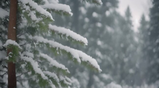 snow falls in the forest with spruce trees