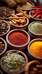  Colorful background of various herbs and spices for cooking in bowls, Spices - Seasonings, Generate AI