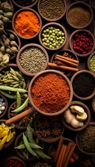 Obraz na płótnie Canvas Colorful background of various herbs and spices for cooking in bowls, Spices - Seasonings, Generate AI
