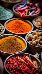  Colorful background of various herbs and spices for cooking in bowls, Spices - Seasonings, Generate AI