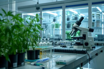 A modern genetic Laboratory Research Scientist Conducts Experiments by Synthesizing Compounds with use of Dropper and Plant in a Test Tube.