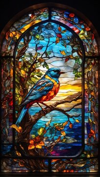 Colourful stained glass window with a bird on a tree, artistic background