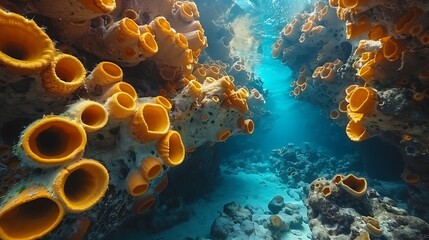 Witness the intricate patterns and vibrant hues of sea sponges, each one a masterpiece of underwater architecture. - obrazy, fototapety, plakaty