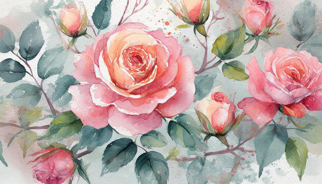 Vintage watercolor illustration of rose flowers. Beautiful floral pattern light background.