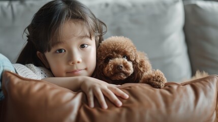 Young girl embracing brown poodle. Close-up indoor lifestyle portrait.