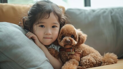 Child resting with toy poodle on a couch. Natural light portrait with a comforting atmosphere.