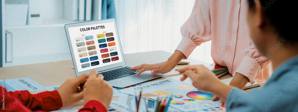 Poster a portrait of creativity graphic designer team select appropriate color for the project by using lap