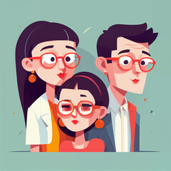 set illustration featuring characters with distinct hairstyles, glasses, and expressive eyes. The modern, flat design uses vibrant colors and minimalistic features. 