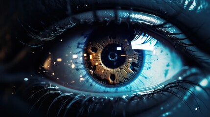 Close up of beautiful female eye with glowing iris.