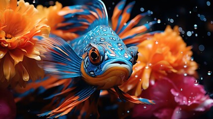 Closeup of a beautiful colorful fish on a background of flowers.