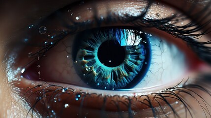 Close-up of human eye with blue iris and water droplets
