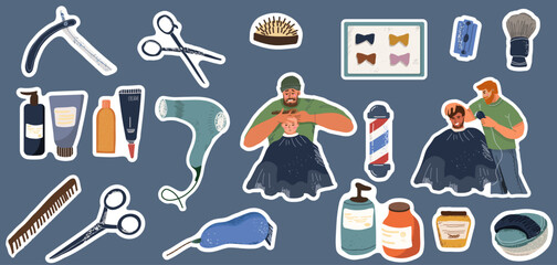 Set of vector flat illustrations, stickers, atmosphere of barbershop, barbering supplies, tools, client and barber in the process of haircutting and beard care, communication, rest, people.