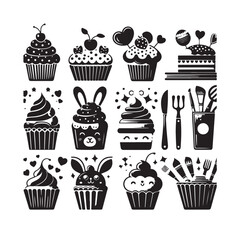 Set of black cupcakes, Vector illustrations isolated on a white background 2