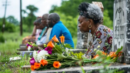 Elderly woman and group mourning at graveside with flowers. Candid outdoor memorial scene. Remembrance and grief concept.