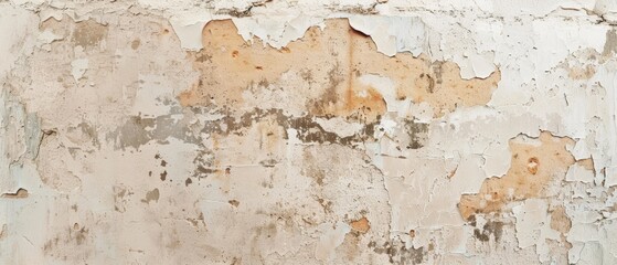 Panoramic view of a beige decaying wall with a rich tapestry of peeling paint and textured detail.