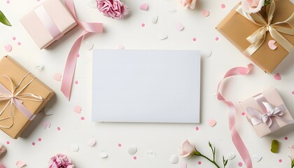  Mockup of greeting card or invitation. White paper, fresh pink flowers and gift boxes on a light. background.