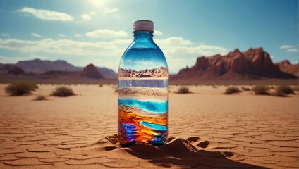 water bottle sits in the sand, its reflection distorted by the heat waves