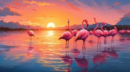 A flock of flamingos standing gracefully in a shallow lake, their pink feathers reflecting the vibrant sunset - Powered by Adobe