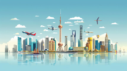 Fototapeta premium Urban Landscape With Tall Buildings and Airplanes