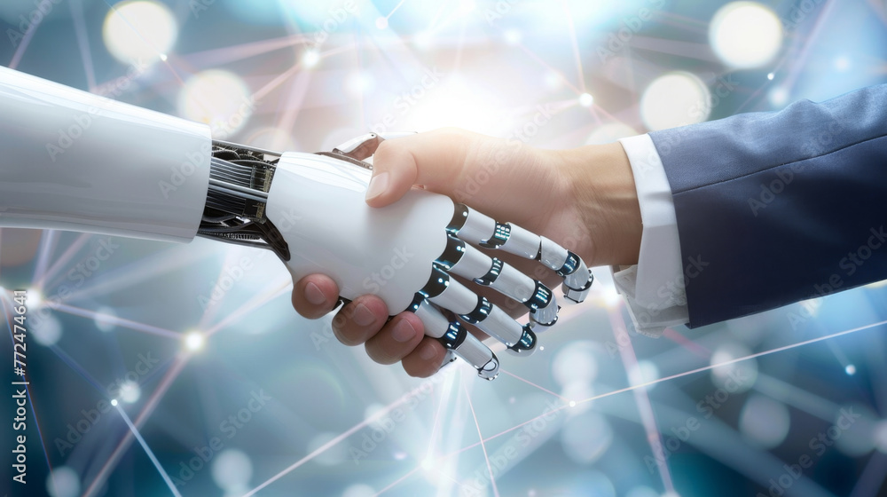 Poster Handshake Between Human and Robot Against a Network Background