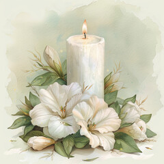 Watercolor illustration of a white candle surrounded by Calystegia flowers on white background. Ideal for nature-themed designs, greeting cards, and home decor.
