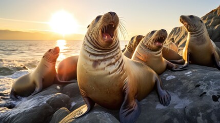 A group of seals basking on the rocks, their sleek bodies glistening in the sun and their playful barking echoing across the shore - obrazy, fototapety, plakaty