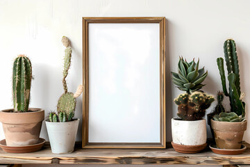 blank wooden frame mockup on an oak shelf