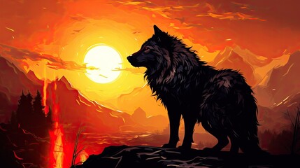 A lone wolf silhouetted against a fiery sunset, its fur shimmering in the golden light - obrazy, fototapety, plakaty