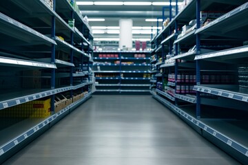 Empty shelves in grocery store. Supermarket with empty shelves after panic shopping during crisis, pandemic, war, nature cataclysm. Bankruptcy, store closure, supply disruption, bad weather conditions