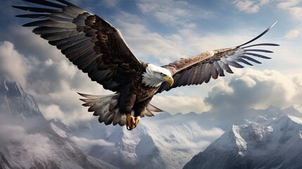 A majestic eagle soaring high above the clouds, its powerful wings effortlessly carrying it through the sky - obrazy, fototapety, plakaty