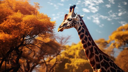 A majestic giraffe grazing on the leaves of a tall acacia tree, its long neck reaching for the sky - obrazy, fototapety, plakaty