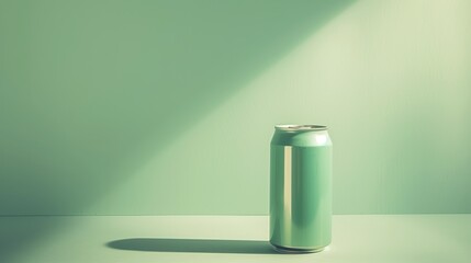 Fototapeta premium Product photography, can beverage in distance, right composition, high resolution, mint colour palette