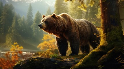 A majestic grizzly bear foraging for berries in a lush forest, its massive size and strength awe-inspiring - obrazy, fototapety, plakaty