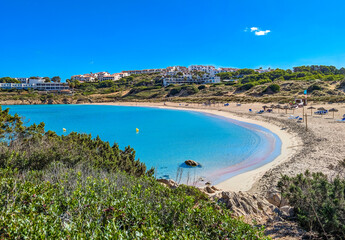 Areal drone view of Arenal de Son Saura beach at Menorca island, Spain - 772475609