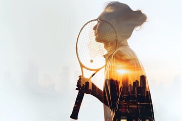 Tennis serve captured in double exposure with a cityscape silhouette, merging sport and urban vibes - obrazy, fototapety, plakaty