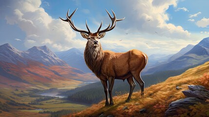 A majestic stag standing on a cliff overlooking a valley, its powerful presence and regal demeanor...