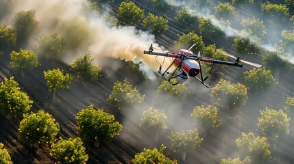 An agricultural drone from above working over orange trees field, Fumigating spreading steam.