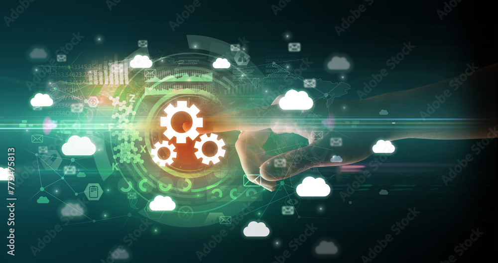 Poster touching with soft gesture multimedia screen with future technology concept