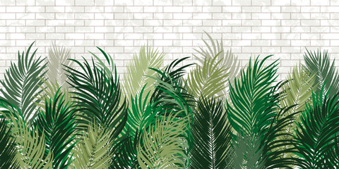 Green tropical leaves on the white brick wall background. Old bricks with texture, green exotic palm leaves.