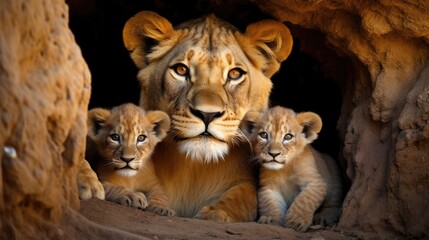 A mother lion nuzzling her cubs in a cave, their playful interactions radiating warmth and tenderness - obrazy, fototapety, plakaty