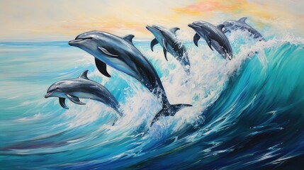 A pod of dolphins leaping and spinning in the turquoise ocean, their joy and energy contagious