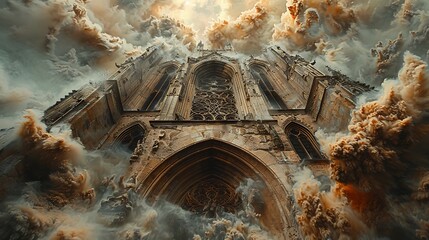 Zoom in on the intricate patterns of decay etched into the weathered facade of an ancient cathedral, its once-majestic spires now crumbling into dust. - obrazy, fototapety, plakaty