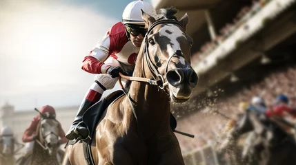 Deurstickers photo of a horse race, with the winning white horse at the finish line, full of enthusiasm Generate AI © VinaAmeliaGRPHIC