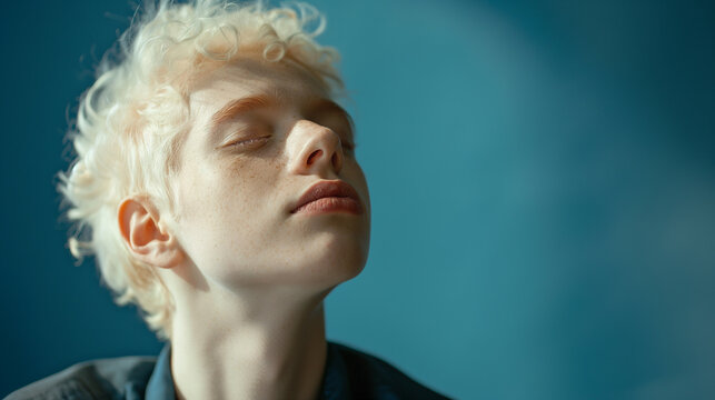 
Calm adult albino man with closed eyes on blue background