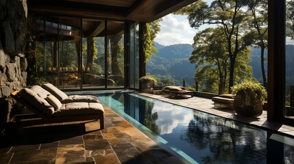 Place to relax, swimming pool with mountain feel  Generate AI - obrazy, fototapety, plakaty