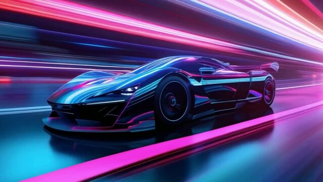 Futuristic super-fast speed electric sports cars in the rainy night neon city. Luxury hyperspeed auto drive concept.