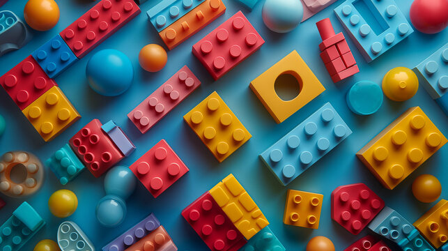 Colorful toy building blocks are displayed on a blue background 