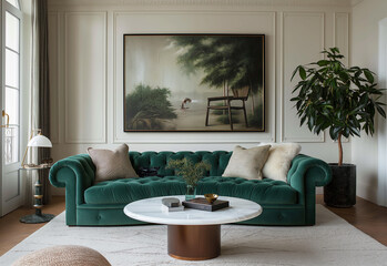 Green velvet sofa and marble coffee table. Art deco home interior design of modern living room