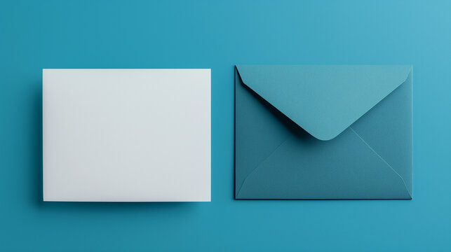 
greeting cards mockup, blank greeting card next to a blue envelope with wallet flap, mockup image